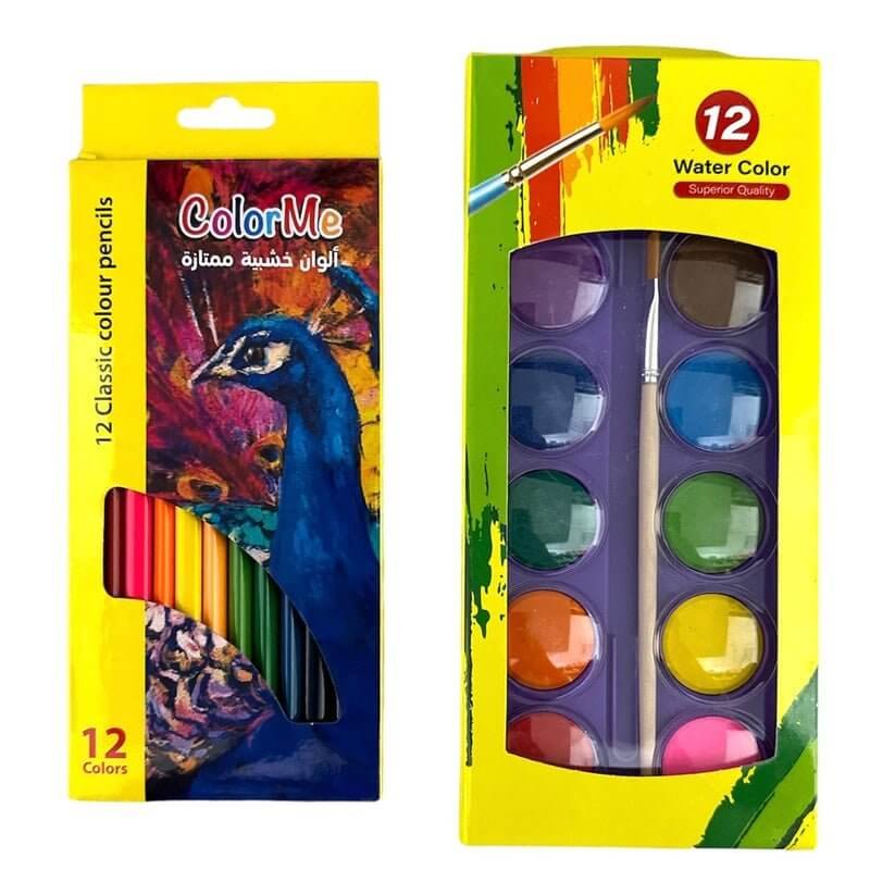 A&T Offer 12 Colored Pencils and 12 Watercolors || عرض اي اند تي الوان خشبية ١٢ لون و ألوان مائية ١٢ لون - مكتبة اكسبريس الكويت