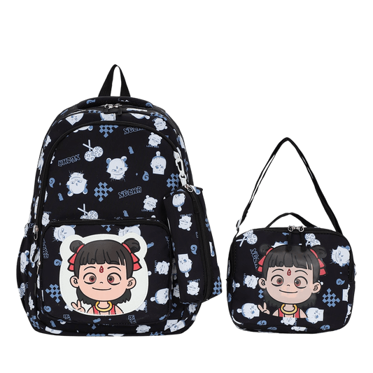 Black Neezha Back to School Backpack Collection Set 3 Pcs || مجموعة شنط العودة الى المدرسة ٣ حبة جنطة ظهر و شنطة اكل و مقلمة لون اسود - مكتبة اكسبريس الكويت