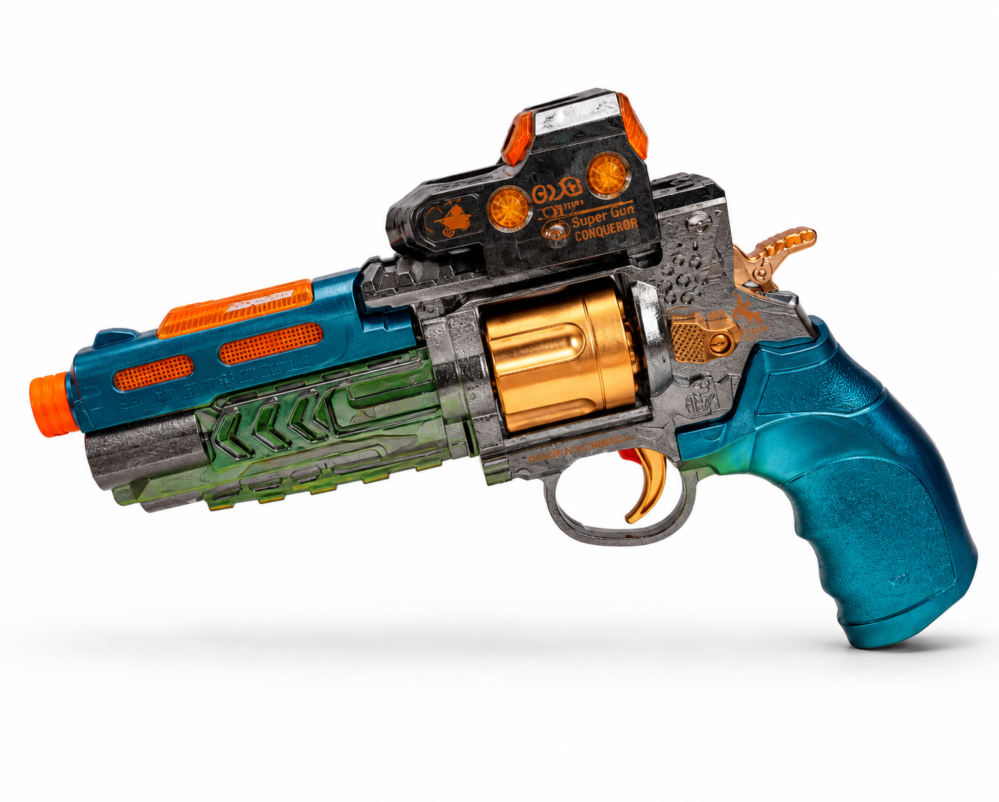 مسدس Super Gun Conqueror ريفولفر بأضواء LED وصوت تصميم مستقبلي ذهبي وأزرق