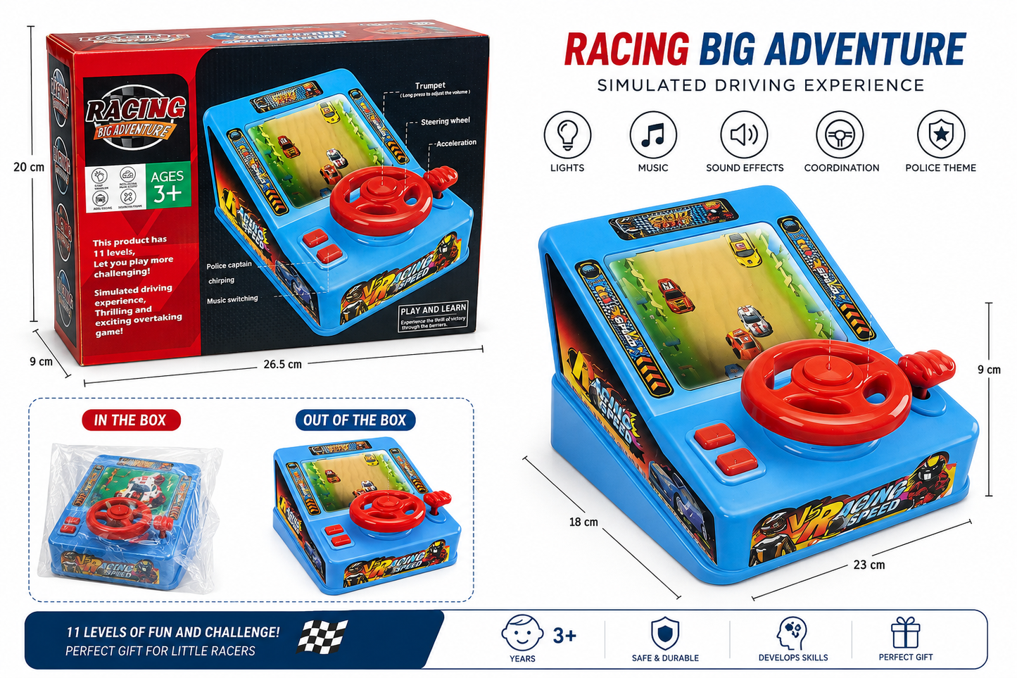 لعبة سباق سيارات تفاعلية Racing Big Adventure بمقود حقيقي 11 مستوى وإضاءة ومؤثرات صوتية