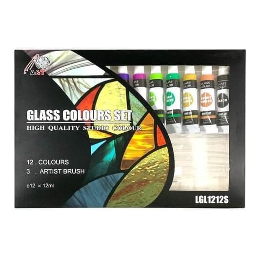A&amp;T Glass Color Set 12 Colors with Brushes and Pallete || الوان زجاج اي اند تي ١٢ لون مع فرش و باليت - مكتبة اكسبريس الكويت