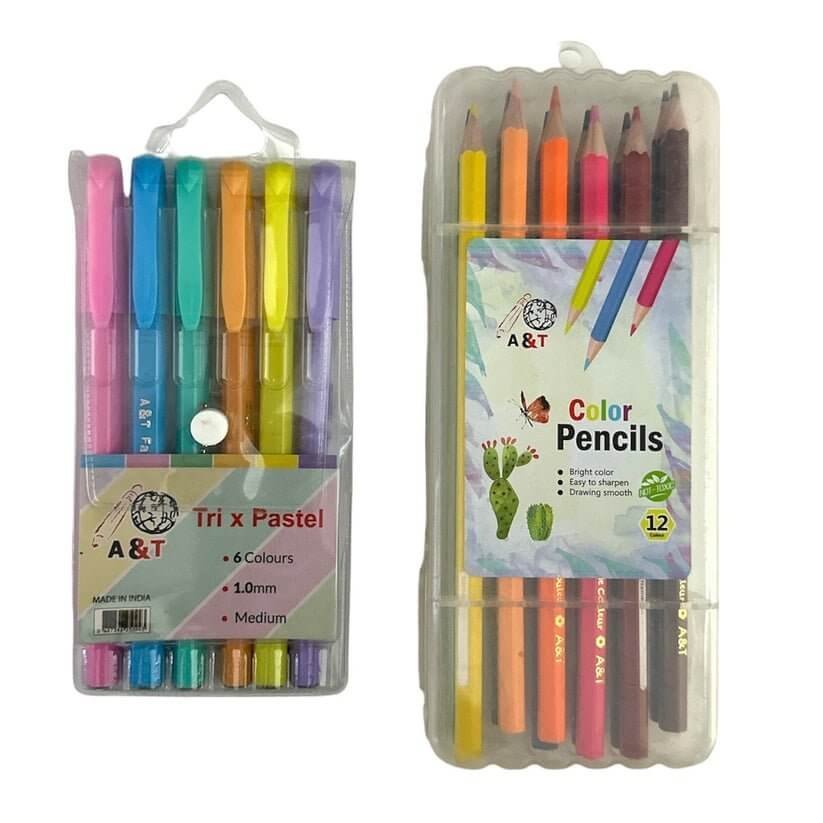 A&amp;T Offer Colored Pencils 12 Colors and 6 Pastel Pens || عرض اي اند تي الوان خشبية ١٢ لون و اقلام حبر باستيل ٦ لون - مكتبة اكسبريس الكويت