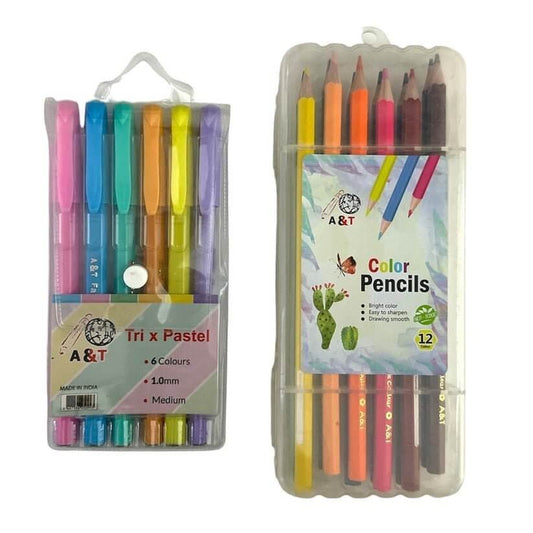 A&amp;T Offer Colored Pencils 12 Colors and 6 Pastel Pens || عرض اي اند تي الوان خشبية ١٢ لون و اقلام حبر باستيل ٦ لون - مكتبة اكسبريس الكويت