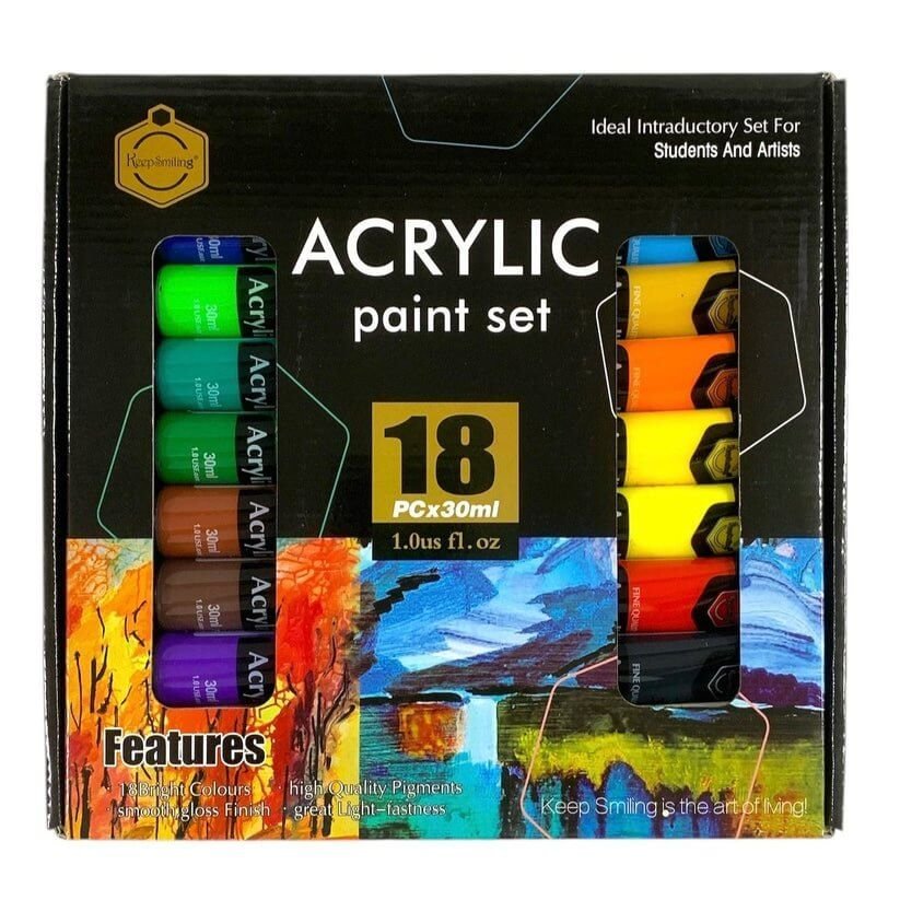 Acrylic Paint Set 18 Colors 30 ml Keep Smiling || الوان اكريليك كيب سمايلنح ١٨ لون حجم ٣٠ مل - مكتبة اكسبريس الكويت