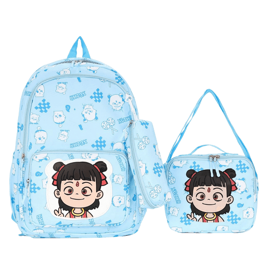 Blue Neezha Back to School Backpack Collection Set 3 Pcs || مجموعة شنط العودة الى المدرسة ٣ حبة جنطة ظهر و شنطة اكل و مقلمة لون ازرق - مكتبة اكسبريس الكويت