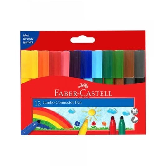 Faber Castell Jumbo Connector Felt Tip 12 Colored Pens || الوان شينية جامبو كونيكتر فيبر كاستل ١٢ لون - مكتبة اكسبريس الكويت
