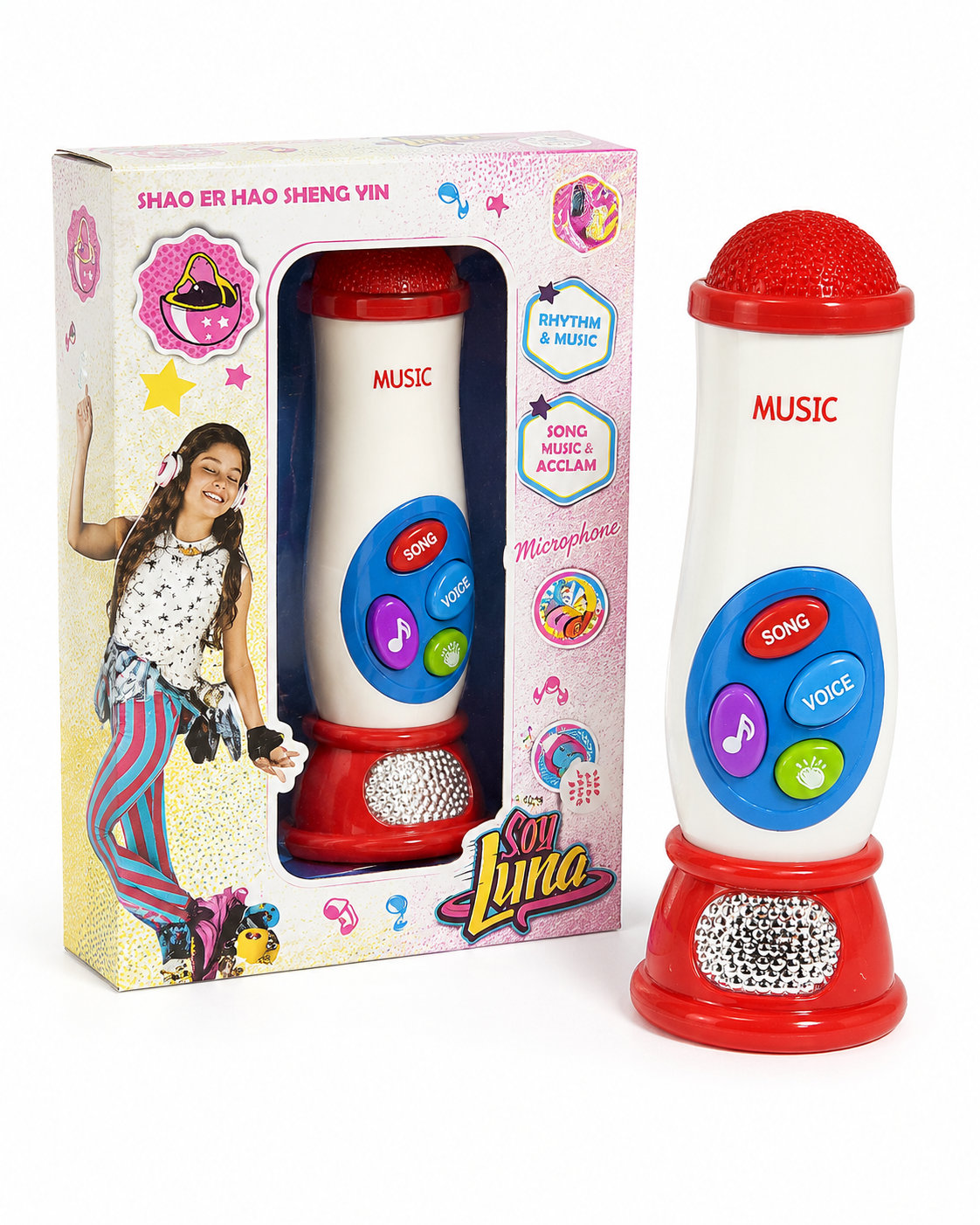 ميكروفون Soy Luna الموسيقي للأطفال بتصميم أحمر وأبيض بأزرار Song وVoice