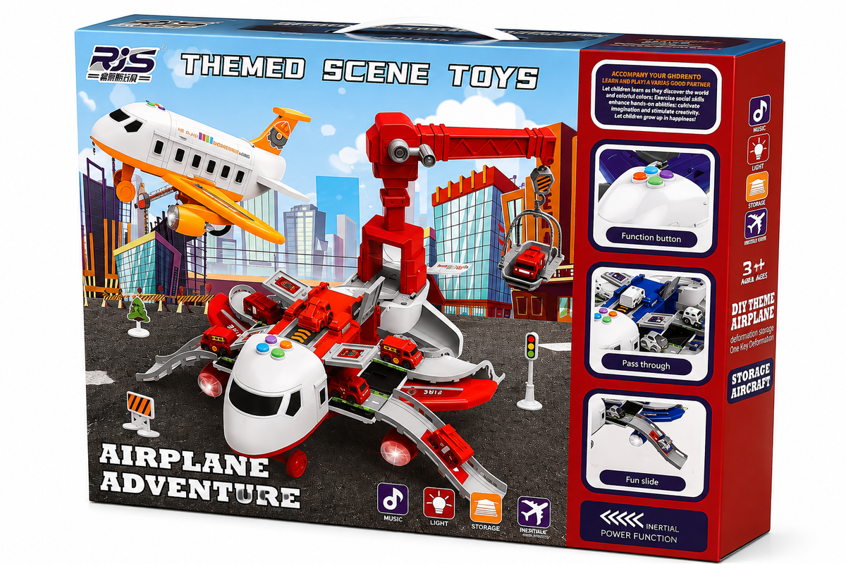 طائرة RJS Airplane Adventure DIY Themed Scene Toys مع رافعة وسيارات وموسيقى وأضواء