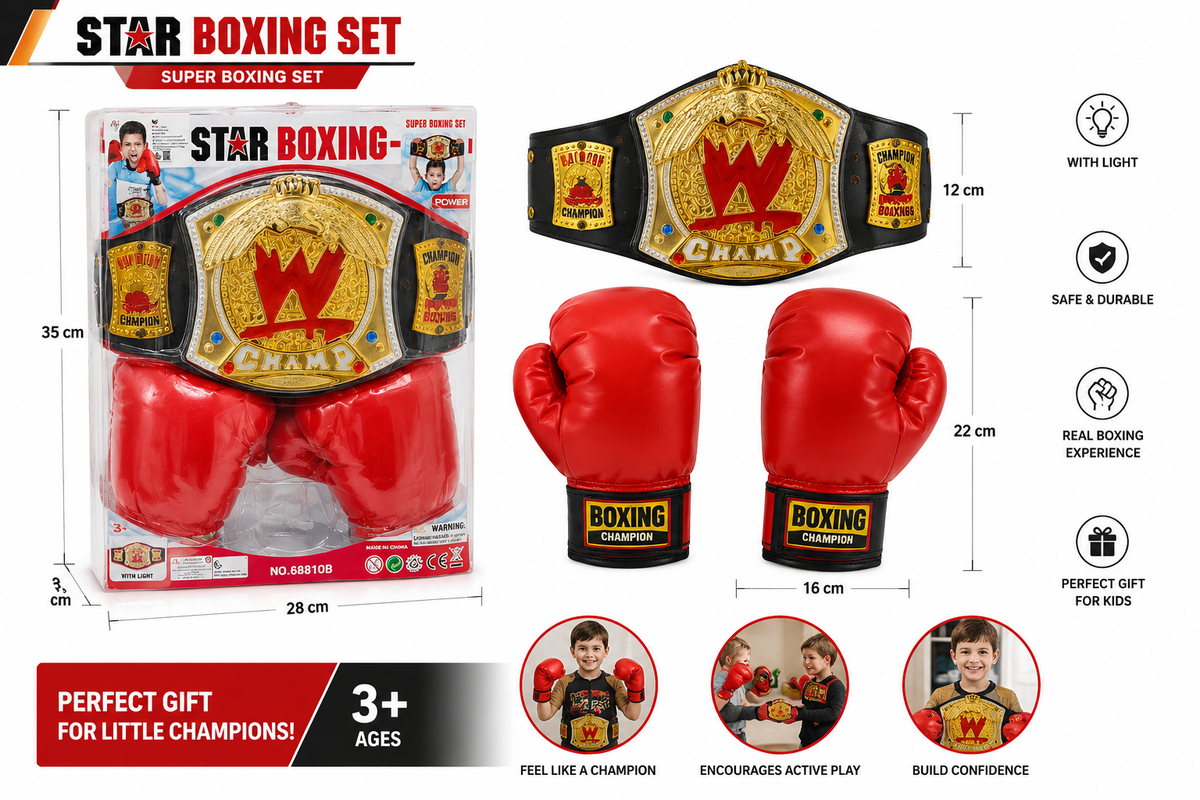 طقم ملاكمة البطل للأطفال - قفازات حمراء وحزام بطولة ذهبي بإضاءة LED | Star Boxing Champion Set
