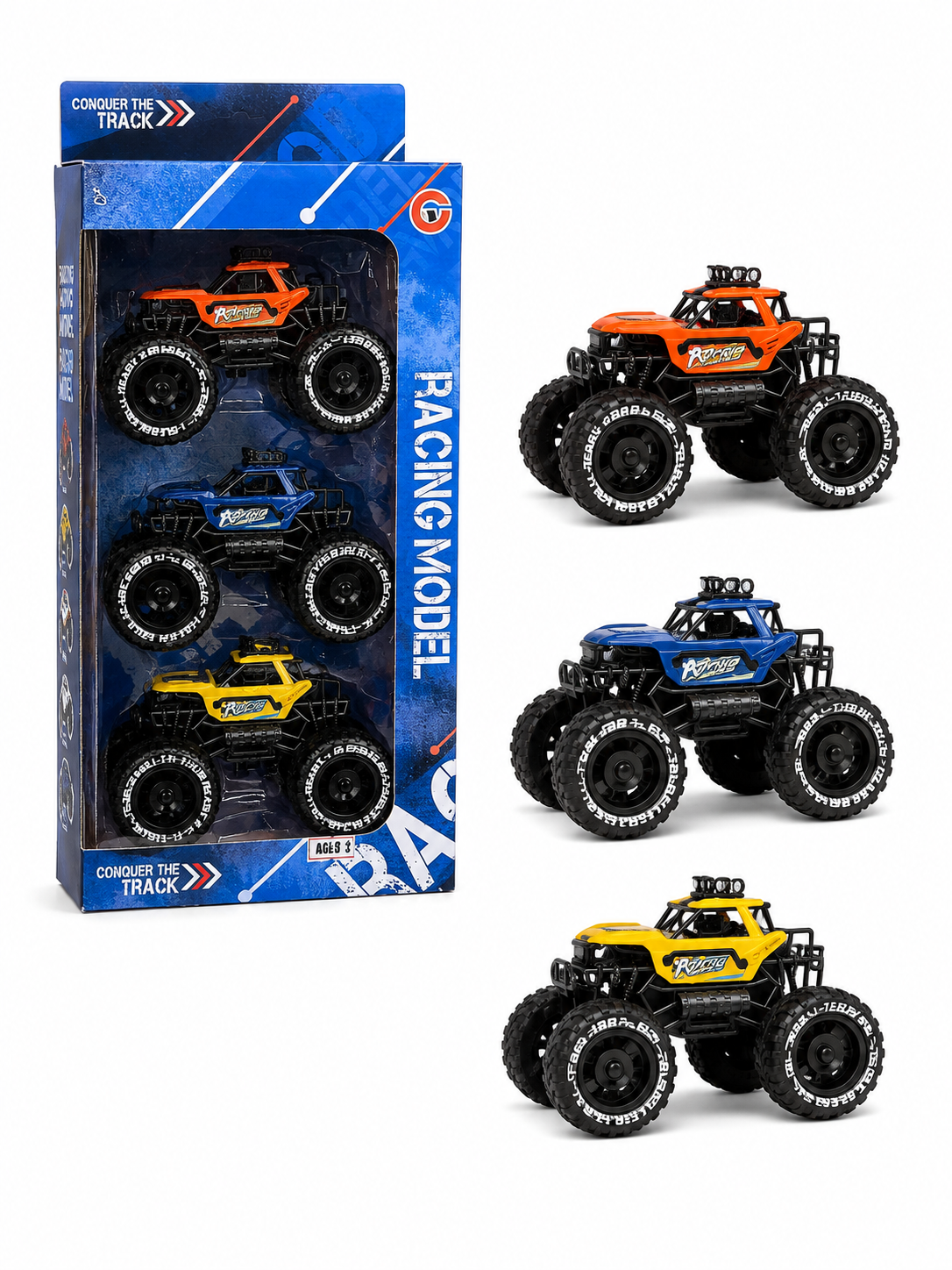 طقم 3 سيارات Monster Truck Racing Model برتقالي وأزرق وأصفر Conquer the Track
