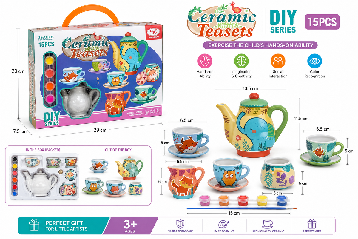 طقم شاي سيراميك DIY للتلوين 15 قطعة للأطفال - Ceramic Teasets DIY Series