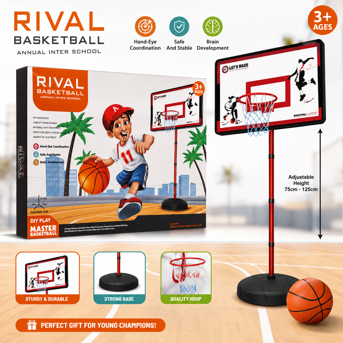 حامل كرة سلة RIVAL Basketball قابل للتعديل 75-125 سم مع كرة