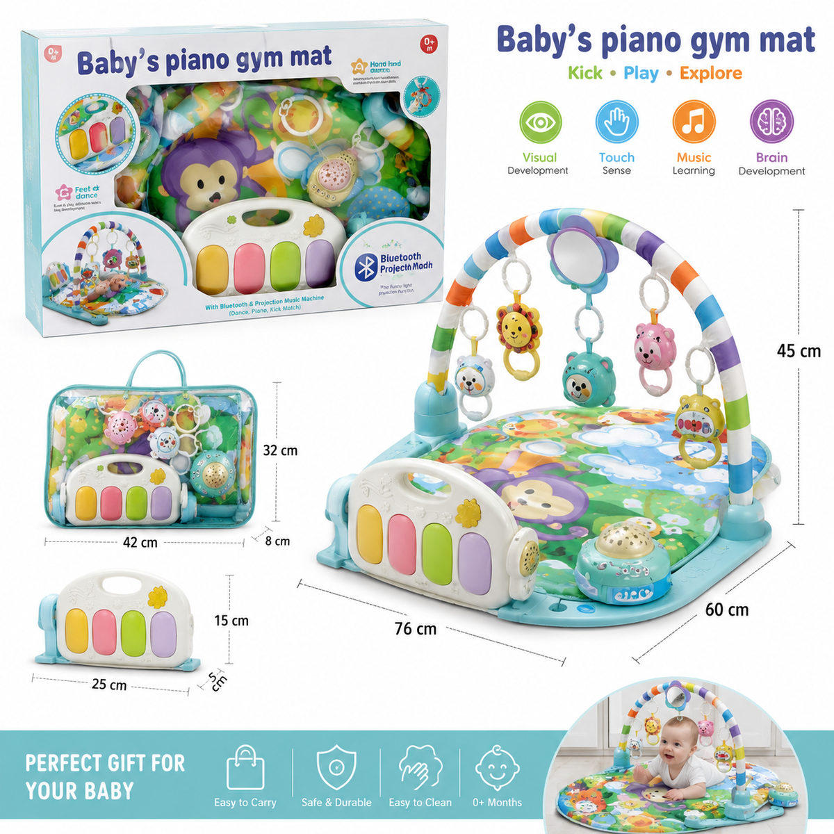 Baby's Piano Gym Mat سجادة نشاط رضع ببيانو وبروجيكتور بلوتوث ودمى معلقة 76×60 سم