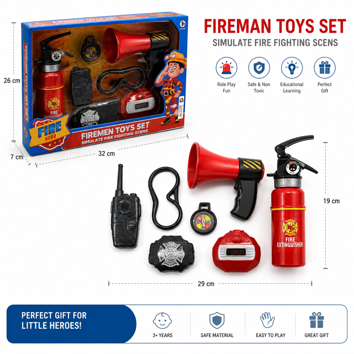 طقم رجل الإطفاء للأطفال 7 قطع - طفاية مكبر صوت لاسلكي | Fire Hero Fireman Toys Set