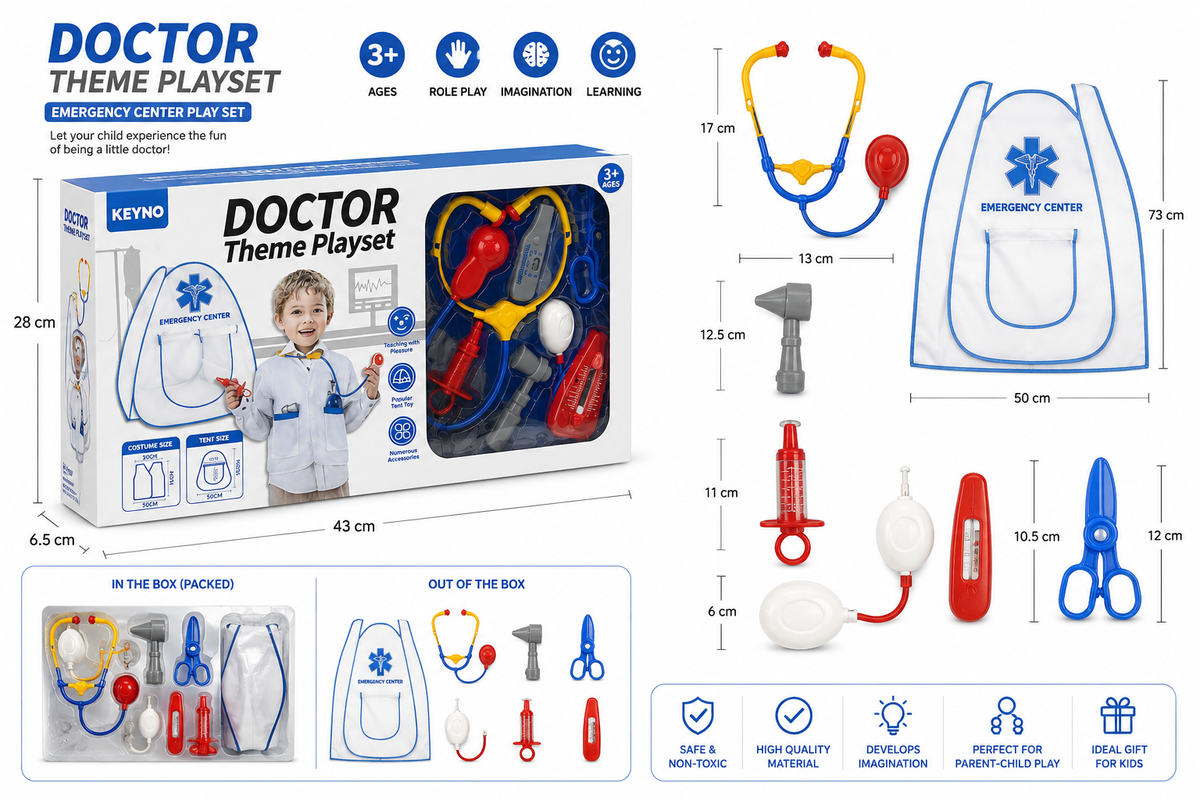 طقم الطبيب التعليمي للأطفال مع خيمة Emergency Center وسماعة طبية وأدوات | KEYNO Doctor Theme Playset