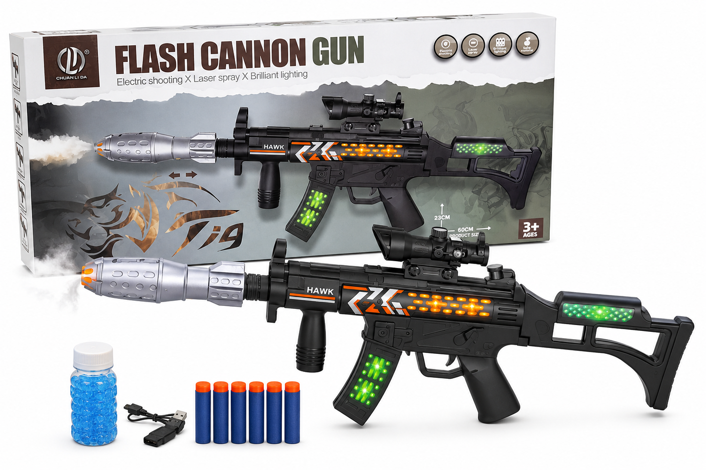 بندقية Flash Cannon Gun HAWK كهربائية بليزر وبخار وأضواء LED 60سم