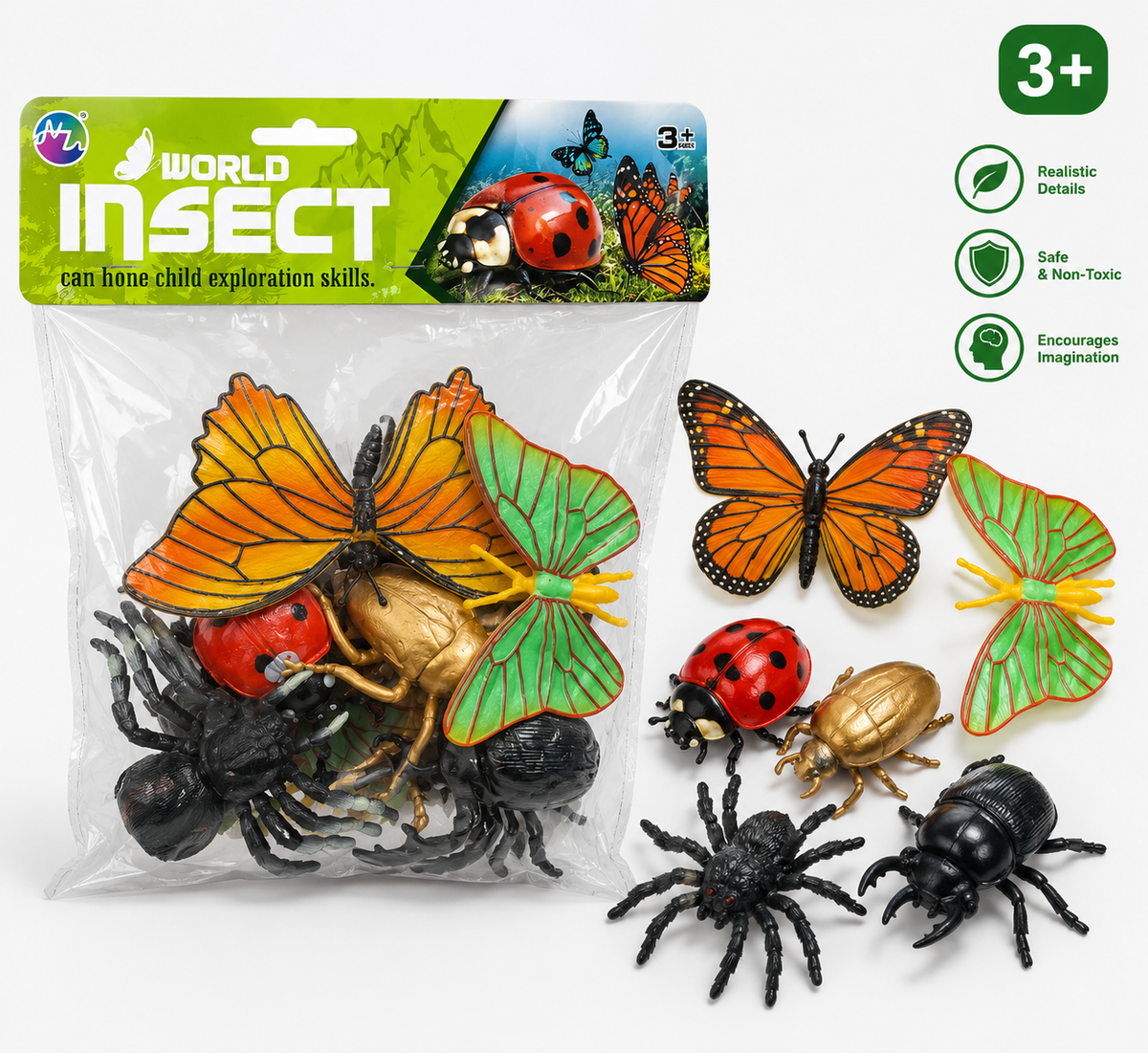 مجموعة World Insect بفراشات برتقالية ودعسوقة وعنكبوت واقعية للأطفال