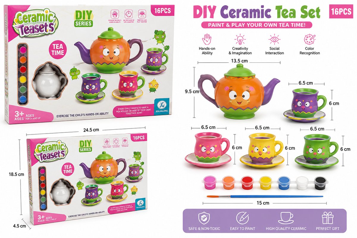 طقم الشاي السيراميكي DIY للأطفال 16 قطعة بألوان وفرشة | DIY Ceramic Tea Set 16PCS