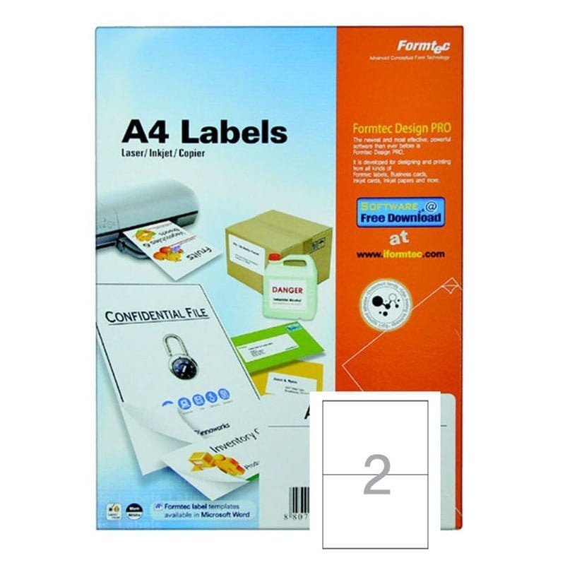 Formtec A4 Label 2 Stickers || ورق لاصق فورماتك مقسم ٢ ستيكر⁩⁩⁩ - مكتبة اكسبريس الكويت
