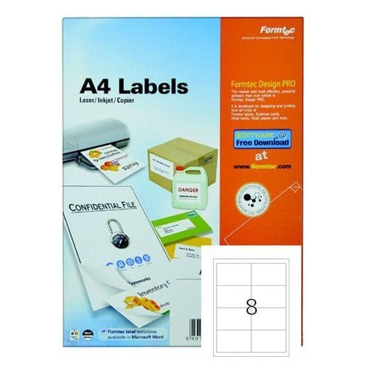 Formtec A4 Label 8 Stickers || ورق لاصق فورماتك مقسم ٨ ستيكر - مكتبة اكسبريس الكويت