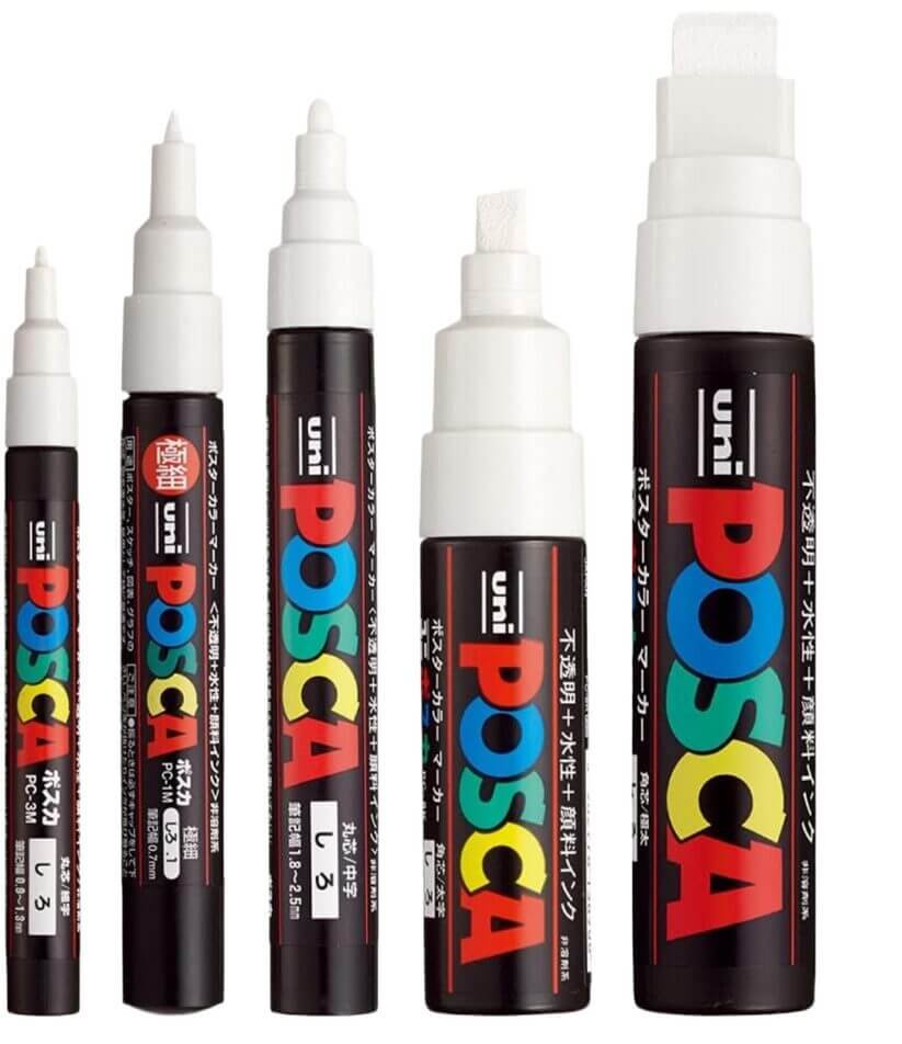 Japanese Posca Set All White 5 Markers || مجموعة بوسكا اليابانية لون ابيض ٥ اقلام رؤوس مختلفة - مكتبة اكسبريس الكويت