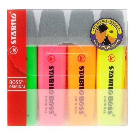 Stabilo Highlighters 4 Colors || الوان فسفوري ٤ الوان مشطوفة مقاومة للجفاف - مكتبة اكسبريس الكويت