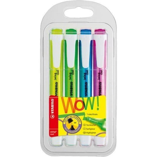 Stabilo Swing Cool Highlighters 4 Colors || اقلام فسفورية ملونة ستابيلو ٤ الوان مقاومة للجفاف - مكتبة اكسبريس الكويت