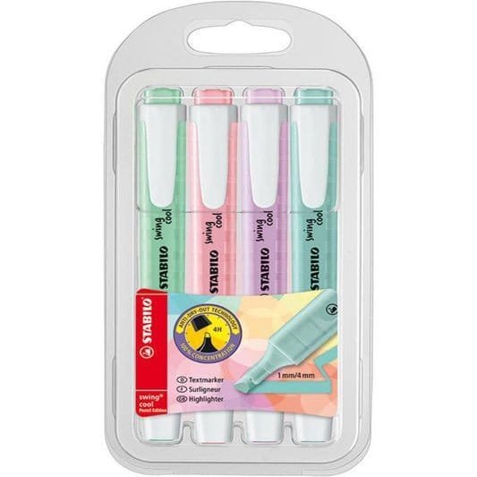 Stabilo Swing Cool Pastel Highlighters 4 Colors || اقلام فسفورية ملونة ستابيلو ٤ الوان باستيل مقاومة للجفاف⁩ - مكتبة اكسبريس الكويت